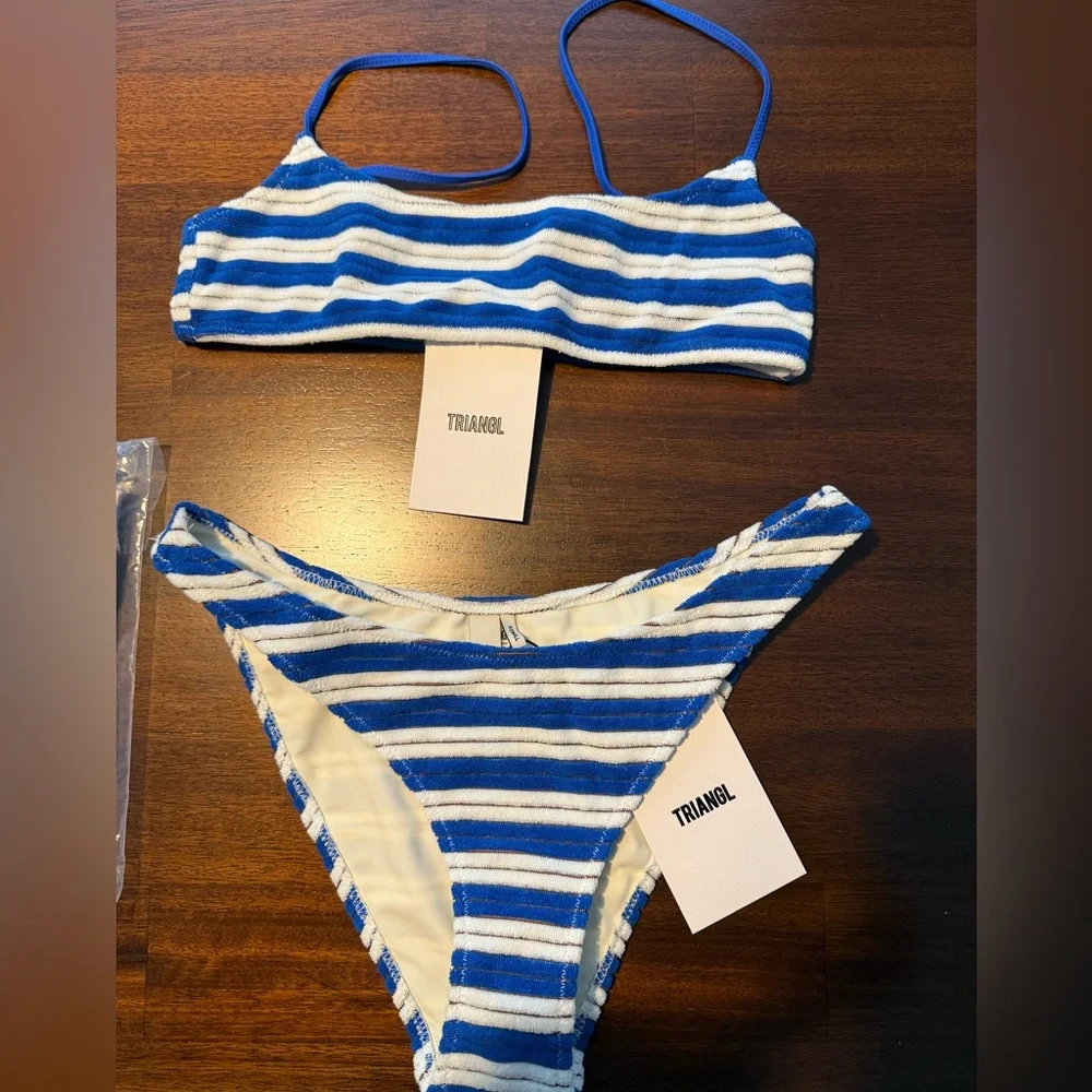 triangl swimwear Blue & White Striped Textured Bikini Set